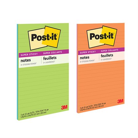 Post-it® Super Sticky Notes - Energy Boost Collection 5 x 8 in., lined 45-sheet pad (pkg 2)