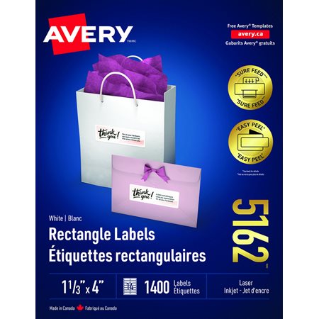 Étiquettes rectangulaires blanches Easy Peel® Boîte de 100 feuilles 4 x 1-1 / 3"  (1400)