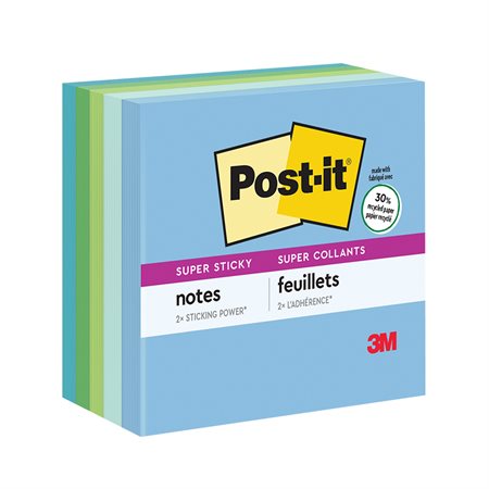 Post-it® Super Sticky Recycled Notes – Oasis Collection 3 x 3 in. 90-sheet pad (pkg 5)