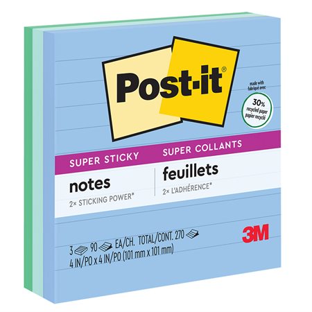 Post-it® Super Sticky Recycled Notes – Oasis Collection 4 x 4 in., lined 90-sheet pad (pkg 3)