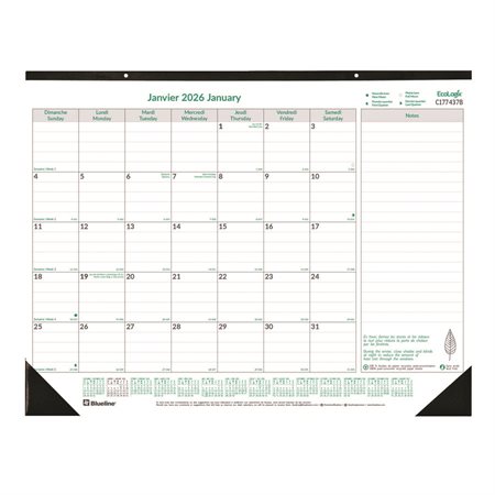Calendrier sous-main mensuel Ecologix® (2026) bilingue