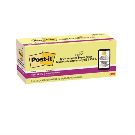 Post-it® Super Sticky Recycled Notes – Canary Yellow 3 x 3 in. Plain. package of 24, 70-sheet pad