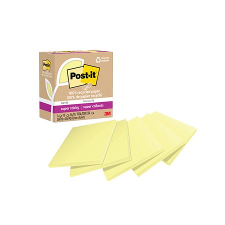 Post-it® Super Sticky Recycled Notes – Canary Yellow 3 x 3 in. Plain. package of 5, 70-sheet pad