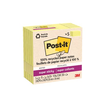 Post-it® Super Sticky Recycled Notes – Canary Yellow 3 x 3 in. Plain. package of 5, 70-sheet pad