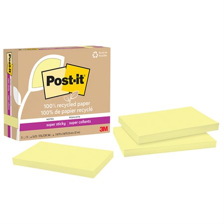 Post-it® Super Sticky Recycled Notes – Canary Yellow 3 x 5 in. Plain. package of 12, 70-sheet pad