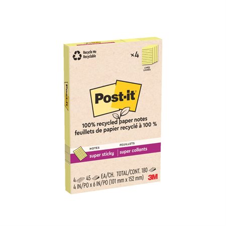 Post-it® Super Sticky Recycled Notes – Canary Yellow 4 x 6 in. Ruled. package of 4, 45-sheet pad