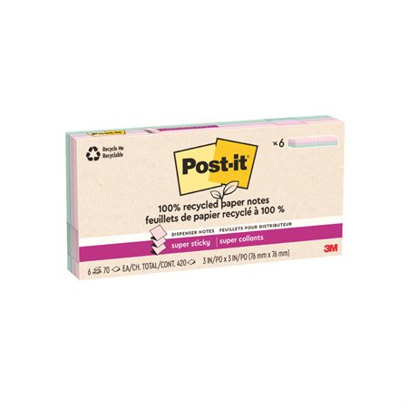 Feuillets recyclés Post-it® Super Sticky - La vie en pastel 3 x 3 po. Éclair. paquet de 6, bloc de 70 feuilles