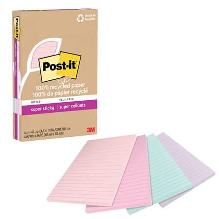 Post-it® Super Sticky Recycled Notes - Wanderlust Pastels 4 x 6 in. Ruled. package of 4, 45-sheet pad