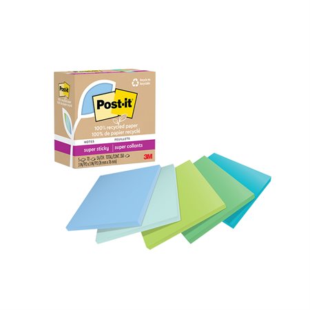 Post-it® Super Sticky Recycled Notes – Oasis Collection 3 x 3 in. Plain. package of 5, 70-sheet pad