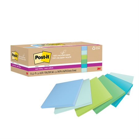 Post-it® Super Sticky Recycled Notes – Oasis Collection 3 x 3 in. Plain. package of 12, 70-sheet pad