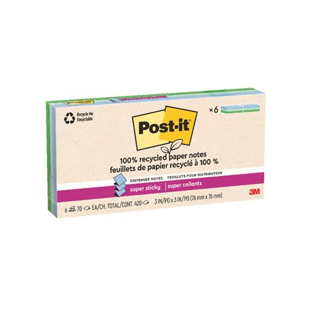 Feuillets recyclés Post-it® Super Sticky - Collection oasis 3 x 3 po. Éclair. paquet de 6, bloc de 70 feuilles